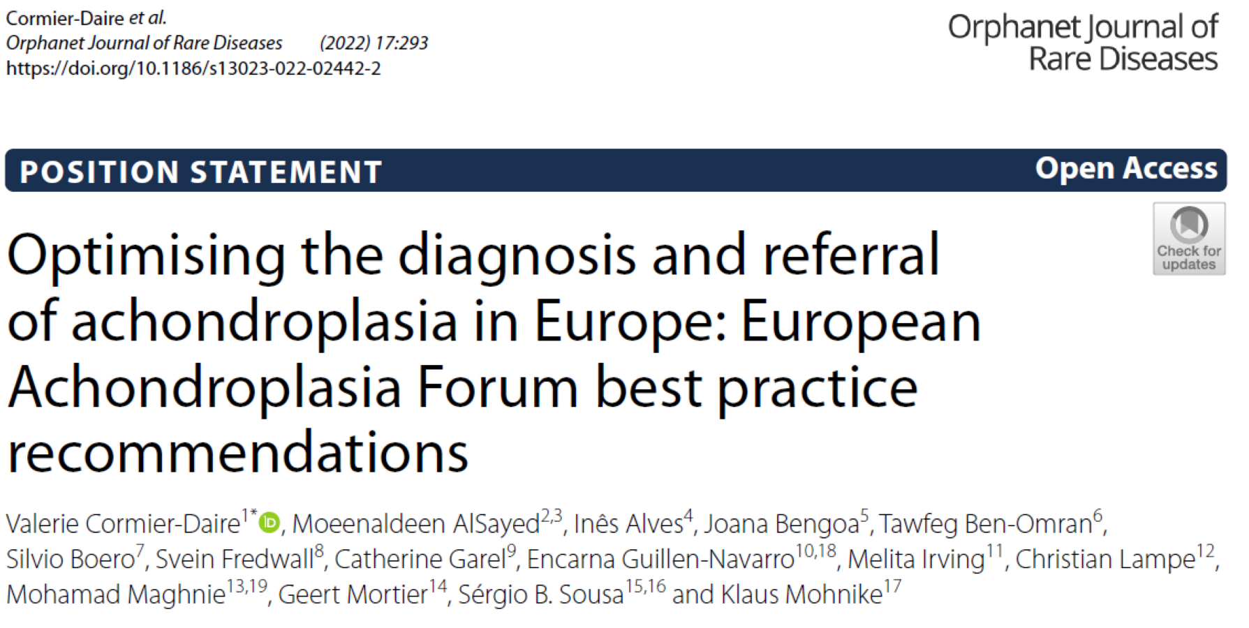 Publication thumbnail: Optimising the diagnosis and referral of achondroplasia in Europe: European Achondroplasia Forum best practice recommendations
